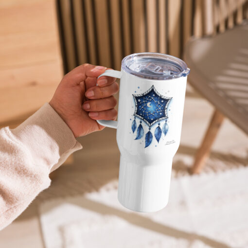 Blue Feather Moon Dreamcatcher Travel Mug with Handle – Stainless Steel Spill-Proof, 25oz or a 40oz - Image 3
