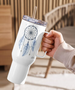 Blue Feather Dreamcatcher Travel Mug with Handle – Stainless Steel, Spill-Proof, 25oz or a 40oz