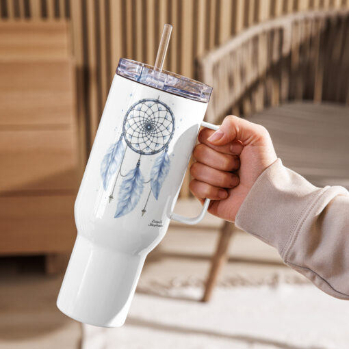 Blue Feather Dreamcatcher Travel Mug with Handle – Stainless Steel, Spill-Proof, 25oz or a 40oz