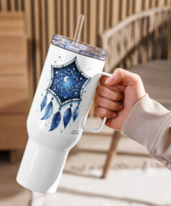 Blue Feather Moon Dreamcatcher Travel Mug with Handle – Stainless Steel Spill-Proof, 25oz or a 40oz