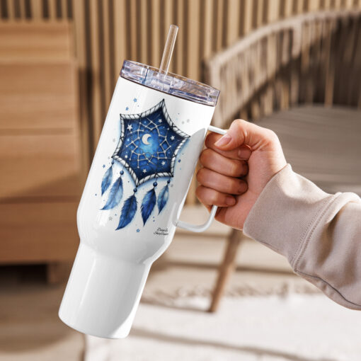 Blue Feather Moon Dreamcatcher Travel Mug with Handle – Stainless Steel Spill-Proof, 25oz or a 40oz