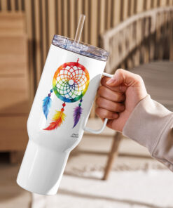Rainbow Feather Dreamcatcher Travel Mug with Handle – Stainless Steel Spill-Proof, 25oz or a 40oz