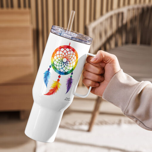 Rainbow Feather Dreamcatcher Travel Mug with Handle – Stainless Steel Spill-Proof, 25oz or a 40oz