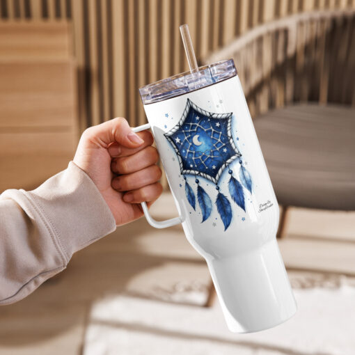 Blue Feather Moon Dreamcatcher Travel Mug with Handle – Stainless Steel Spill-Proof, 25oz or a 40oz - Image 4