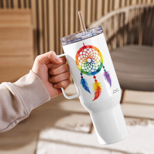 Rainbow Feather Dreamcatcher Travel Mug with Handle – Stainless Steel Spill-Proof, 25oz or a 40oz - Image 4
