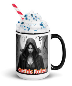 Alternative view of 15 oz. Ceramic Mug with Color Inside – Witch “GOTHIC RULES”